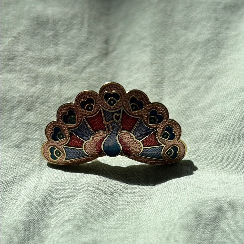 Cloisonné Peacock Design Gold and Blue scarf clip